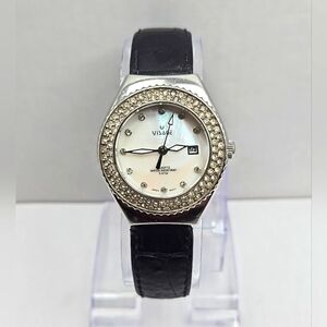 Womens Visage Silver Tone MOP Pave Crystal Quartz Date 30MM Watch New Battery